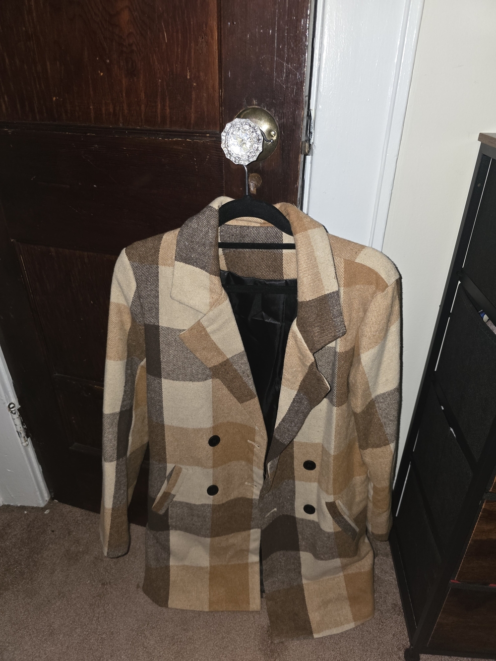 Double-Breasted Plaid Coat in Beige and Brown